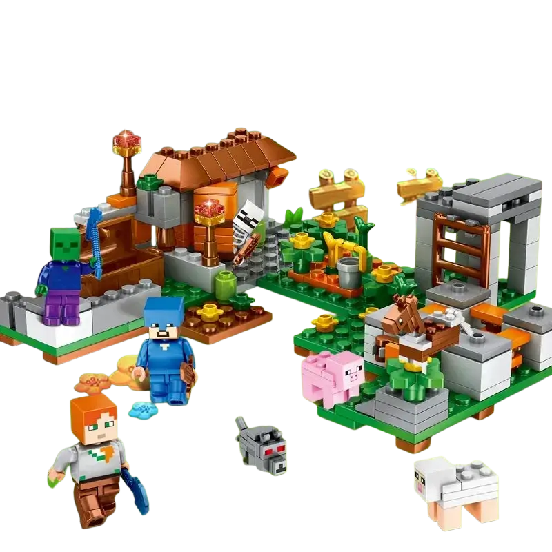 Colorful minecraft building block village and jungle playset featuring lego-style figures and animals in a blocky design