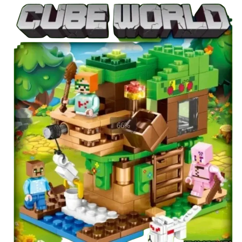 Green and brown building block treehouse with pixelated minecraft-style figures from minecraft building block village playset
