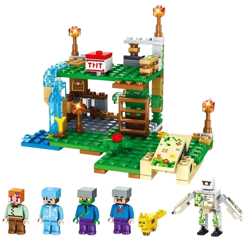 Minecraft building block jungle playset featuring a multi-level jungle base with waterfalls, glowing torches, and tnt blocks