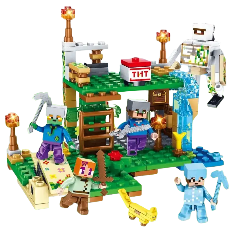 Minecraft building block village and jungle playset with vibrant blue green purple and brown blocky figures and structures
