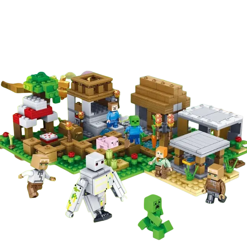 Minecraft building block village and jungle playset featuring colorful plastic blocky structures and characters