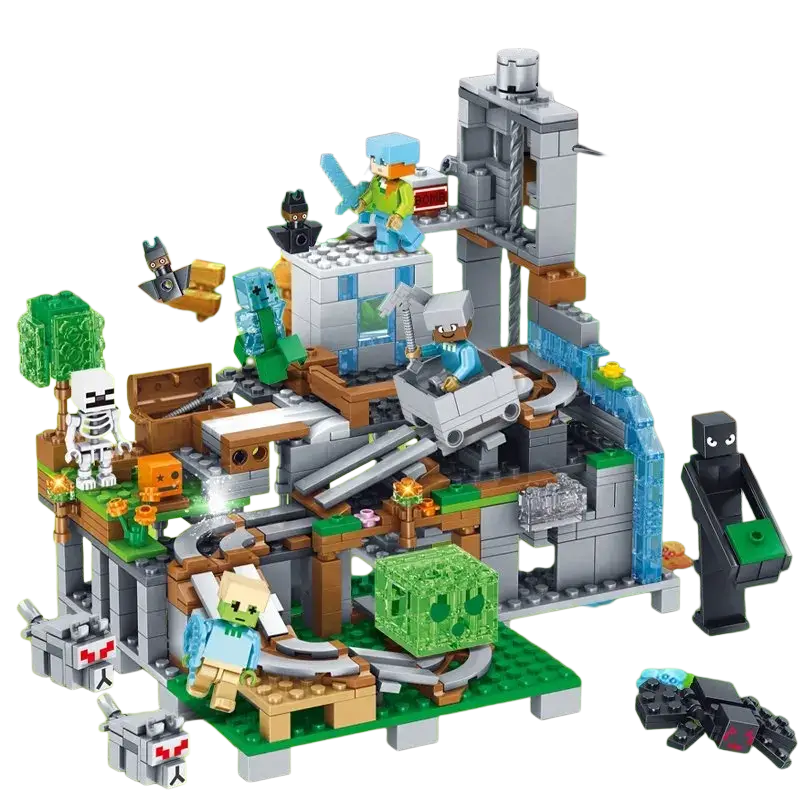 Minecraft building block village and jungle playset featuring colorful plastic blocks and figures in a multi-level landscape
