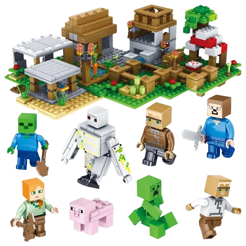 Minecraft building block village and jungle playset with colorful plastic blocks and character figures for creative play