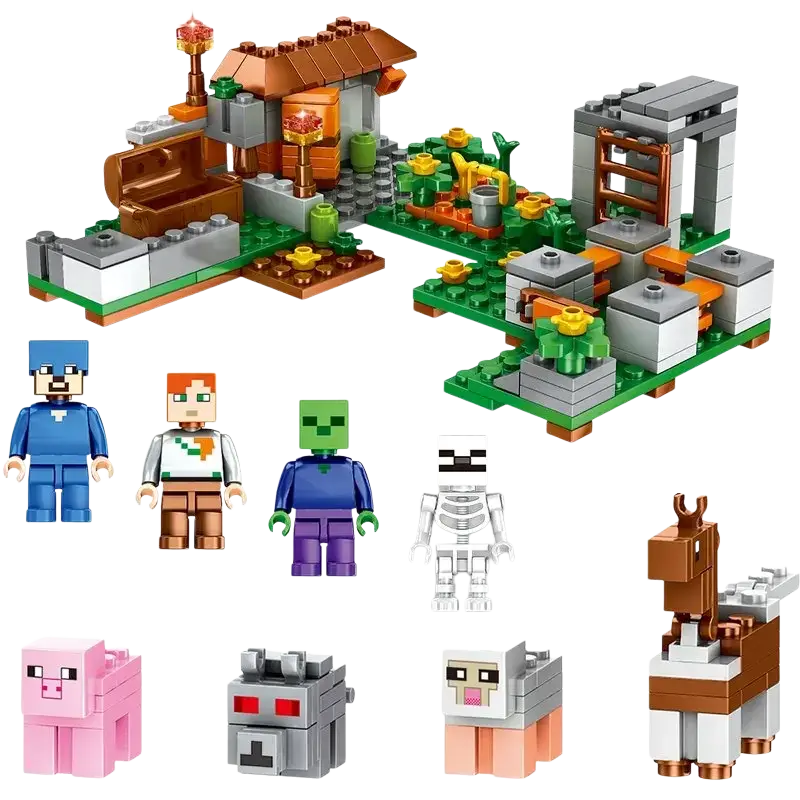 Minecraft building block village and jungle playset featuring brown roofs, green terrain, and blocky Steve Alex and mobs