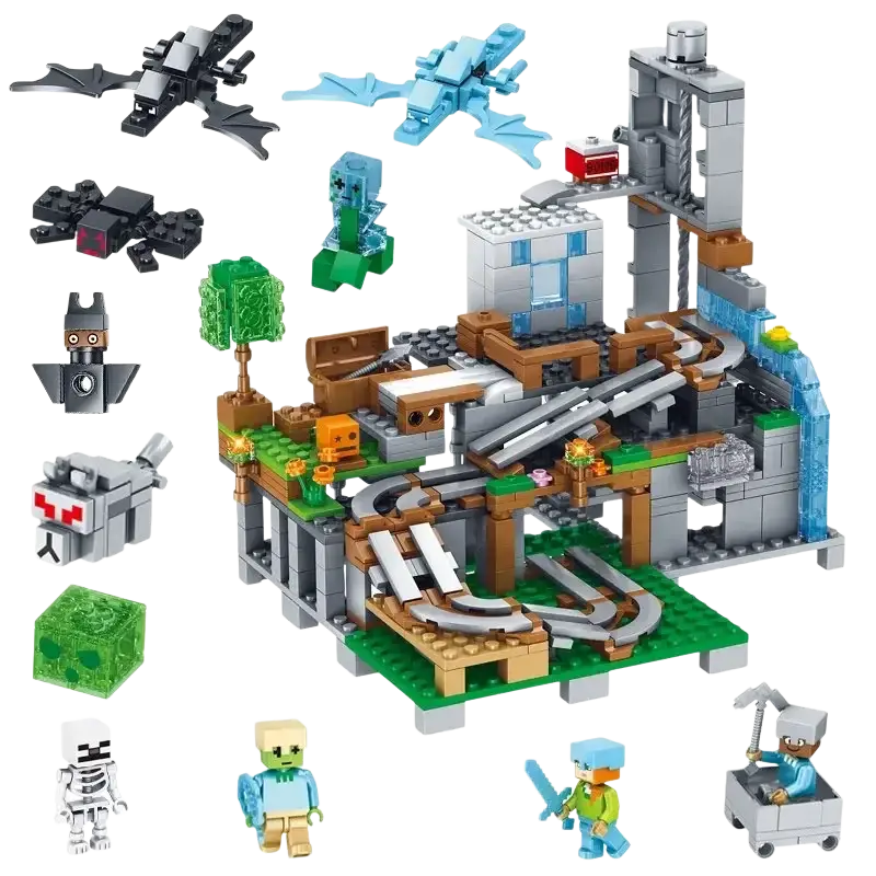 Minecraft building block village and jungle playset with gray brown and green plastic detailed minecart track system