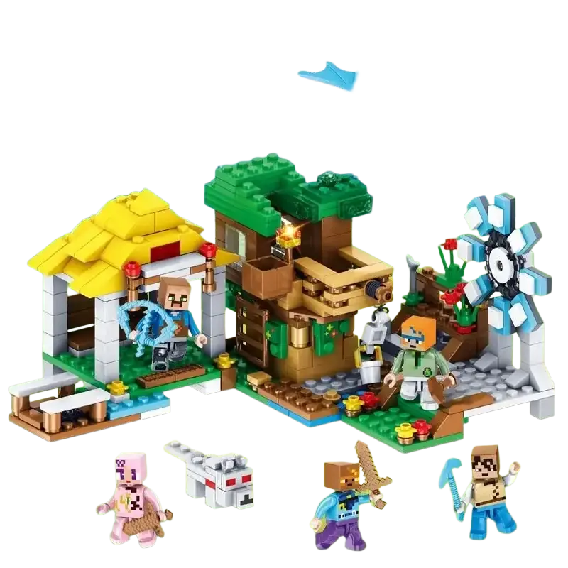 Minecraft building block village and jungle playset with vibrant yellow green brown blue and pink pixelated structures and characters