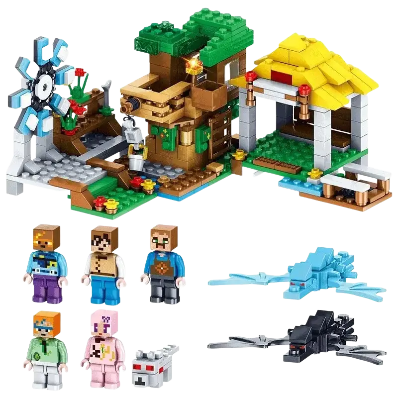 Minecraft building block village and jungle playset featuring colorful plastic bricks treehouse waterwheel and minifigures