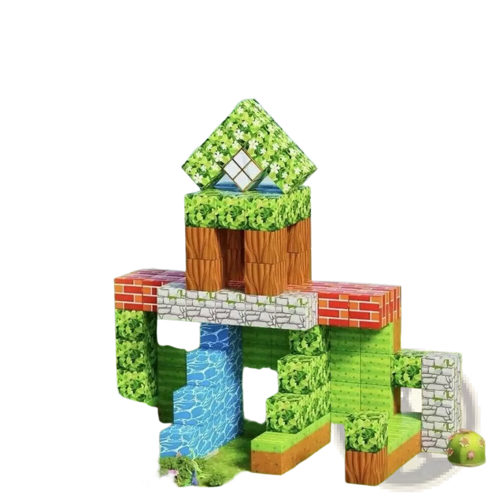 Minecraft magnetic building blocks 100pc colorful interlocking forest-themed set with foliage wood brick and stone textures