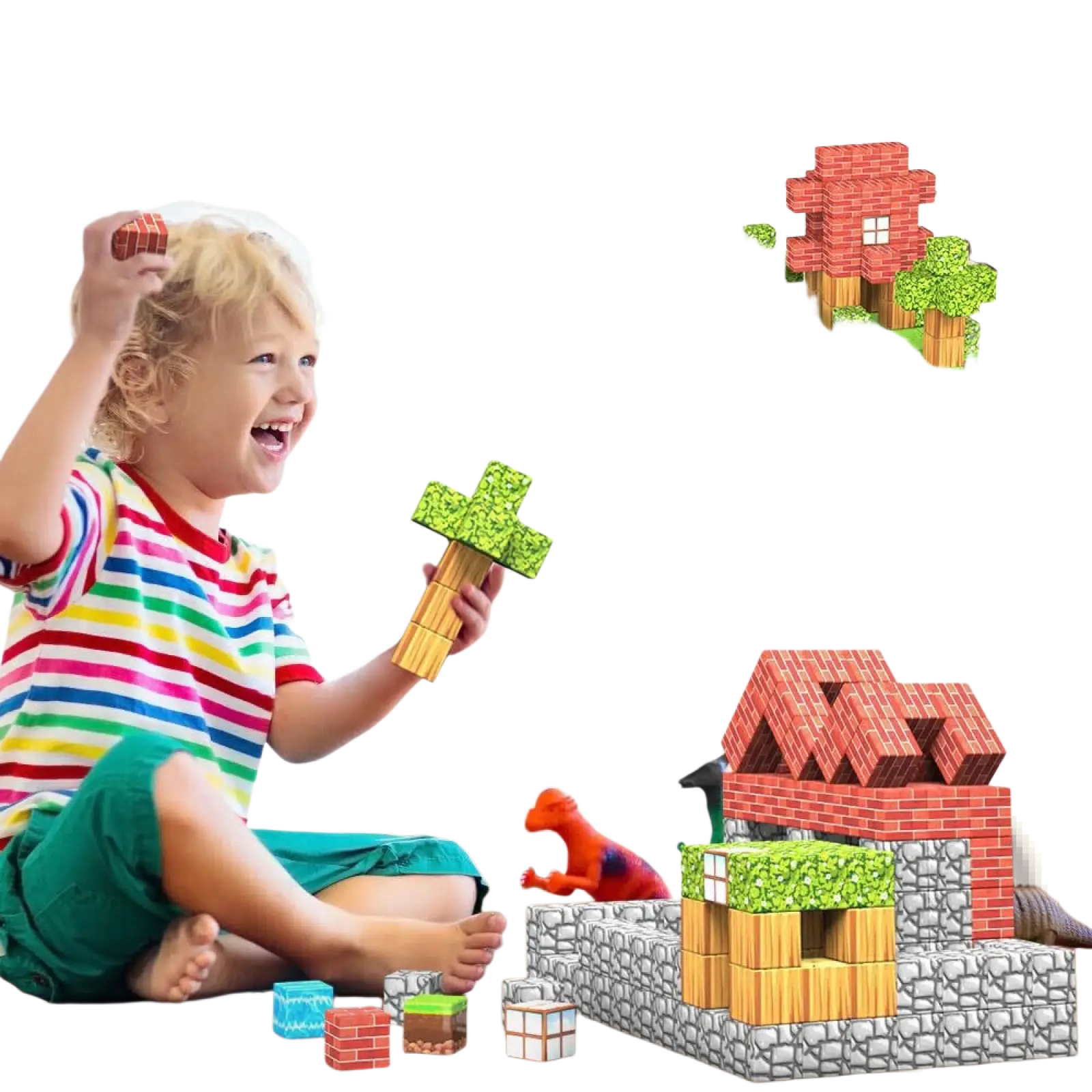Minecraft magnetic building blocks 100pc set with red brick, green grass tops, and gray stone pieces for educational use