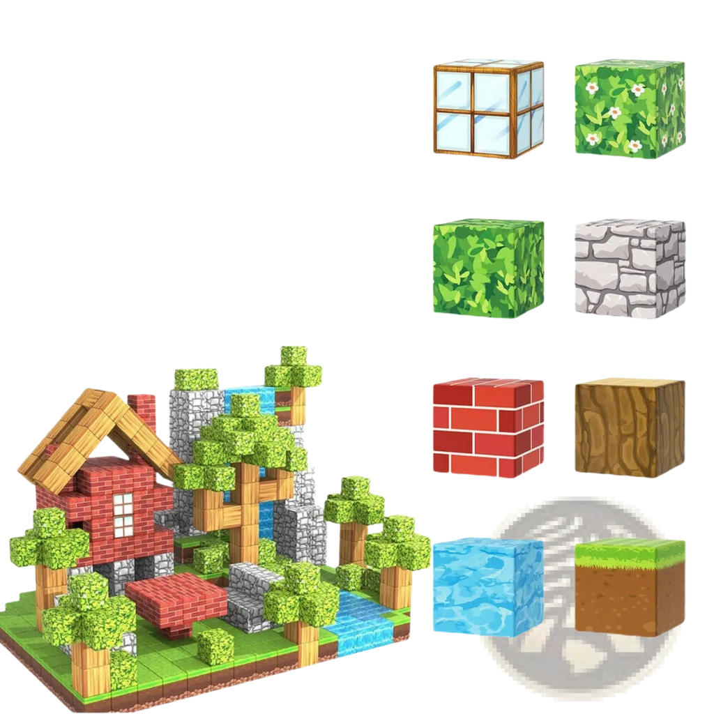 Minecraft magnetic building blocks 100pc set with red brick green foliage stone wood water and dirt for educational play