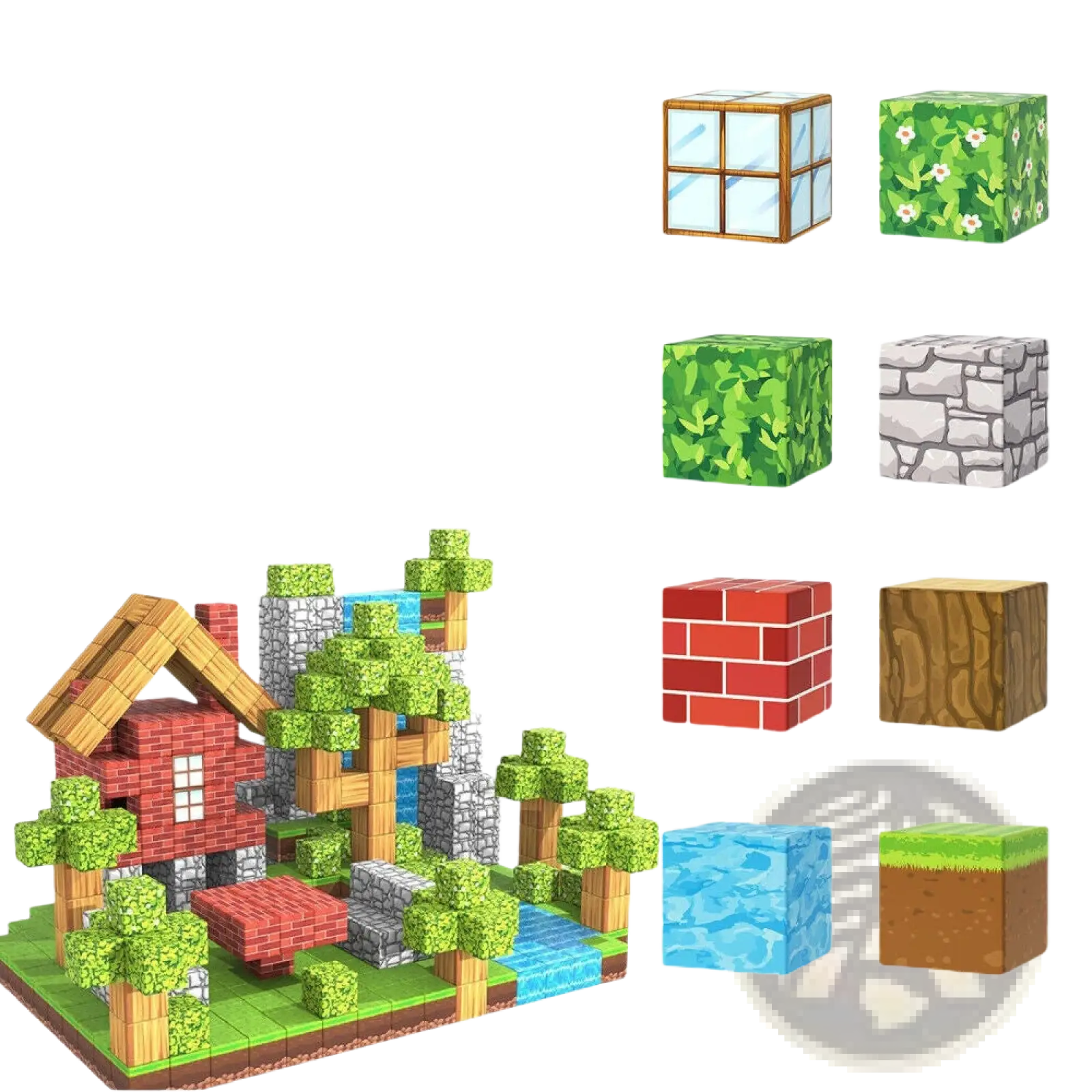 Minecraft magnetic building blocks 100pc set with red brick green foliage stone wood water and dirt for educational play