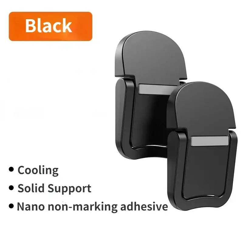 Black mini aluminum laptop stand with sleek minimalist design and silver accent strip for portable notebook support