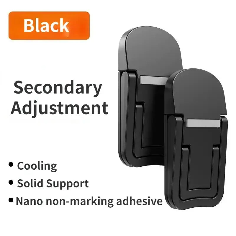 Black plastic phone stand with secondary adjustment feature and nano non-marking adhesive backing for secure support