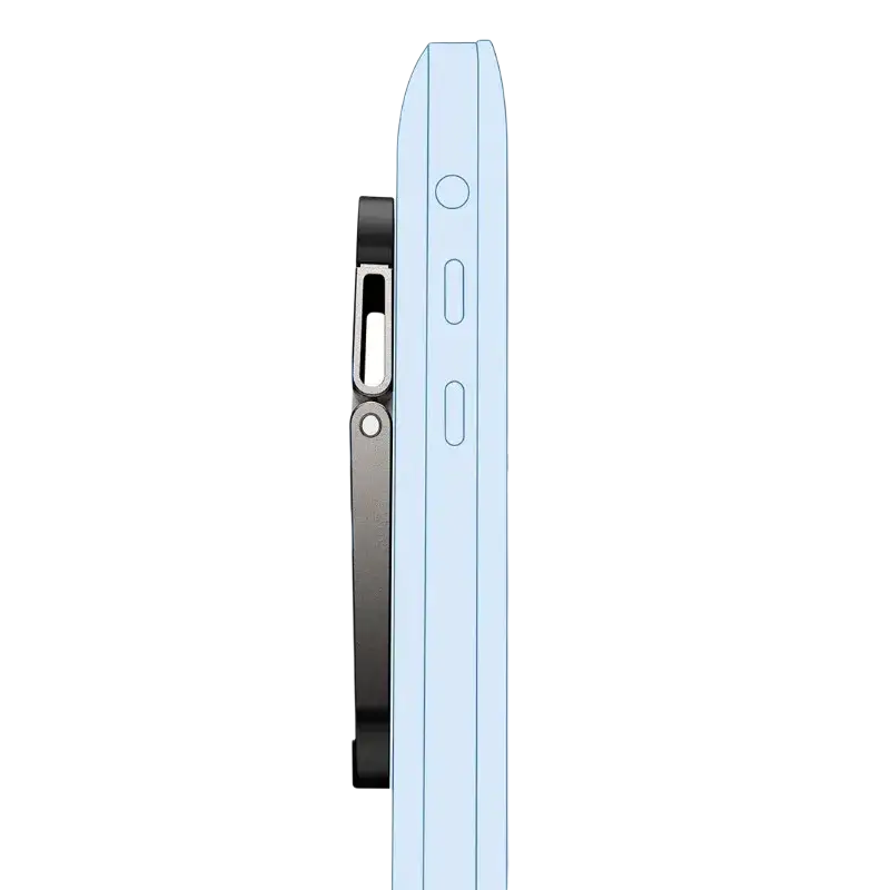 Mini aluminum laptop stand in light blue with metallic buttons and black charging port cover shown from the back side