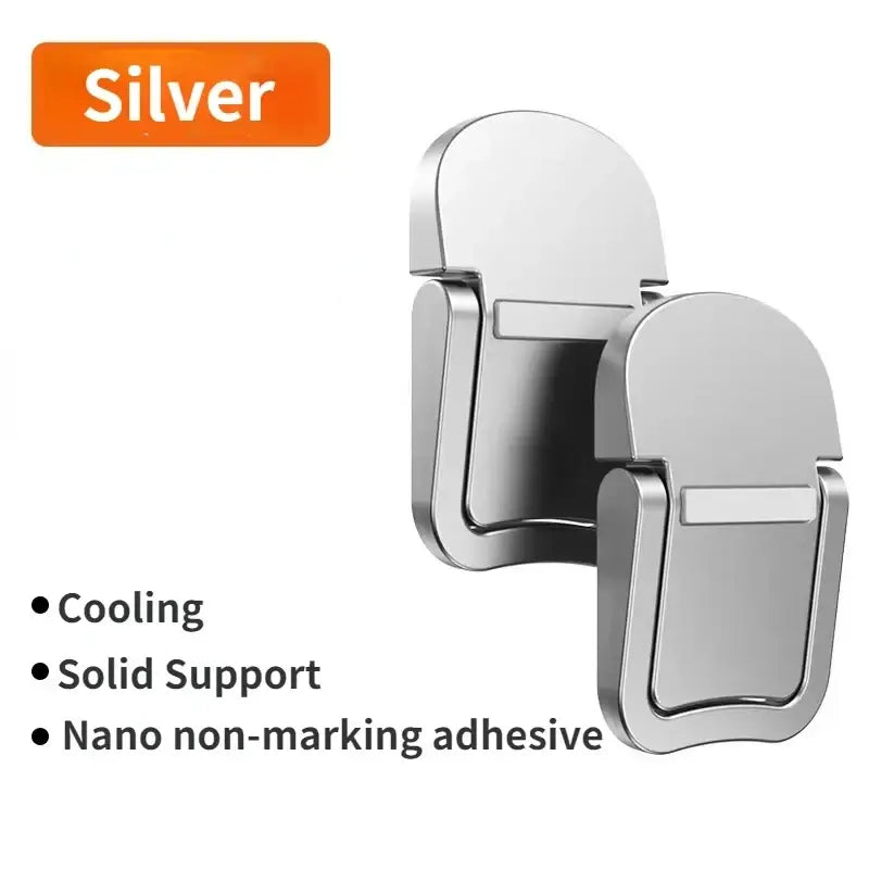 Silver metallic mini aluminum laptop stand with sleek minimalist design and sturdy clip mechanism for portable notebook support