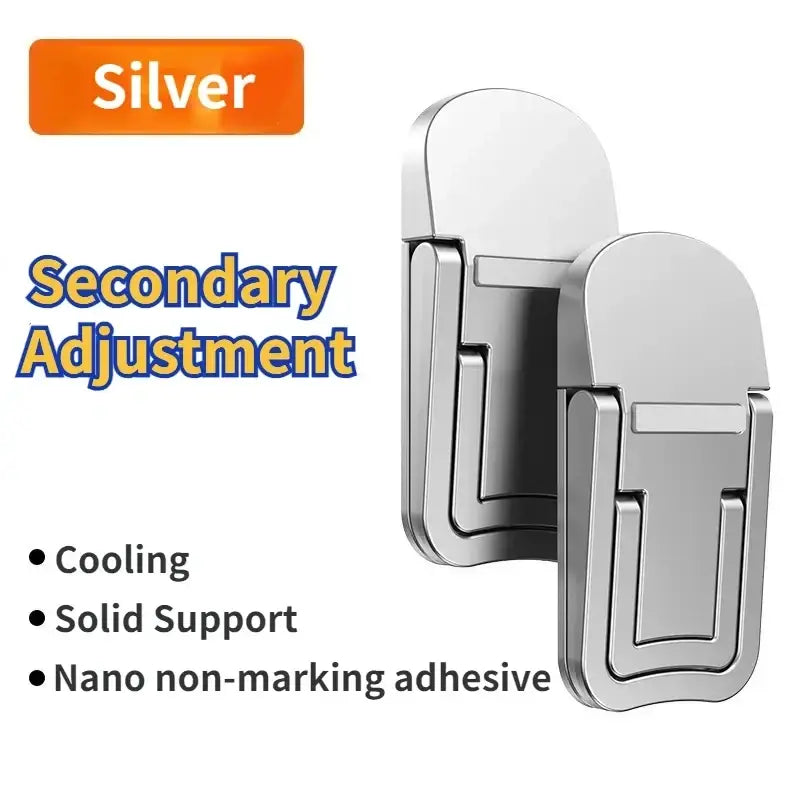Silver metallic mini aluminum laptop stand with sleek minimalist design and secondary adjustment feature for portability