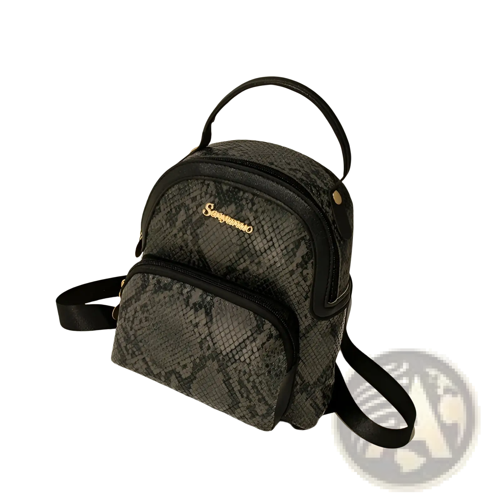 A sleek black and gray snake-skin patterned mini backpack with gold-tone hardware in Korean style
