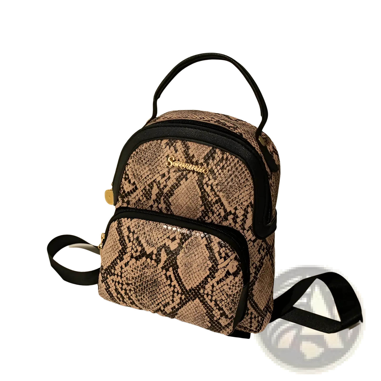 Mini backpack cow and snake print korean style with beige and black snake-skin pattern and black trim handles