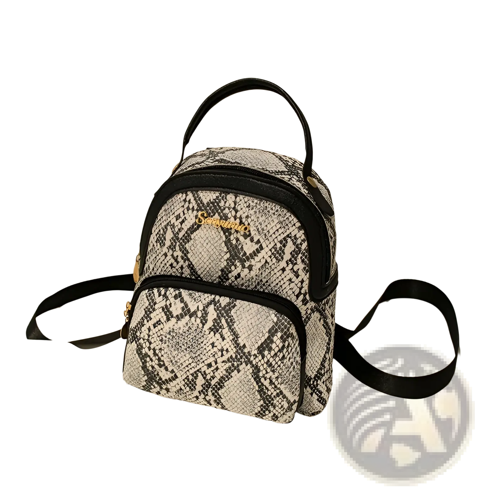 A stylish black and white snake print mini backpack with gold tone hardware in Korean style design