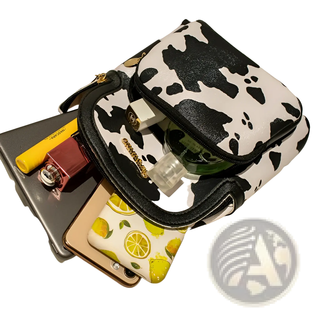 Mini backpack with black and white cow print and black leather trim in Korean style for casual use