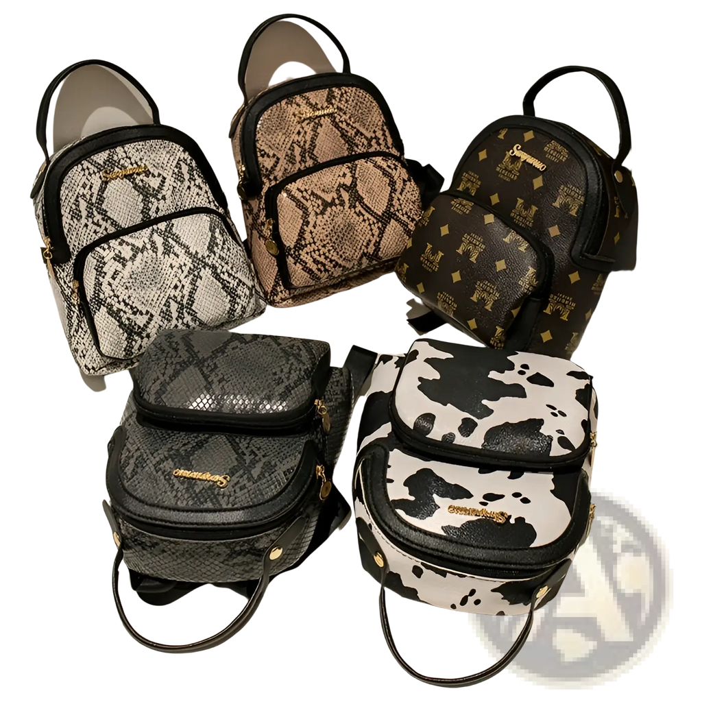 Five mini backpacks in cow and snake print patterns featuring beige, brown monogram, black and white, and gray designs with gold hardware