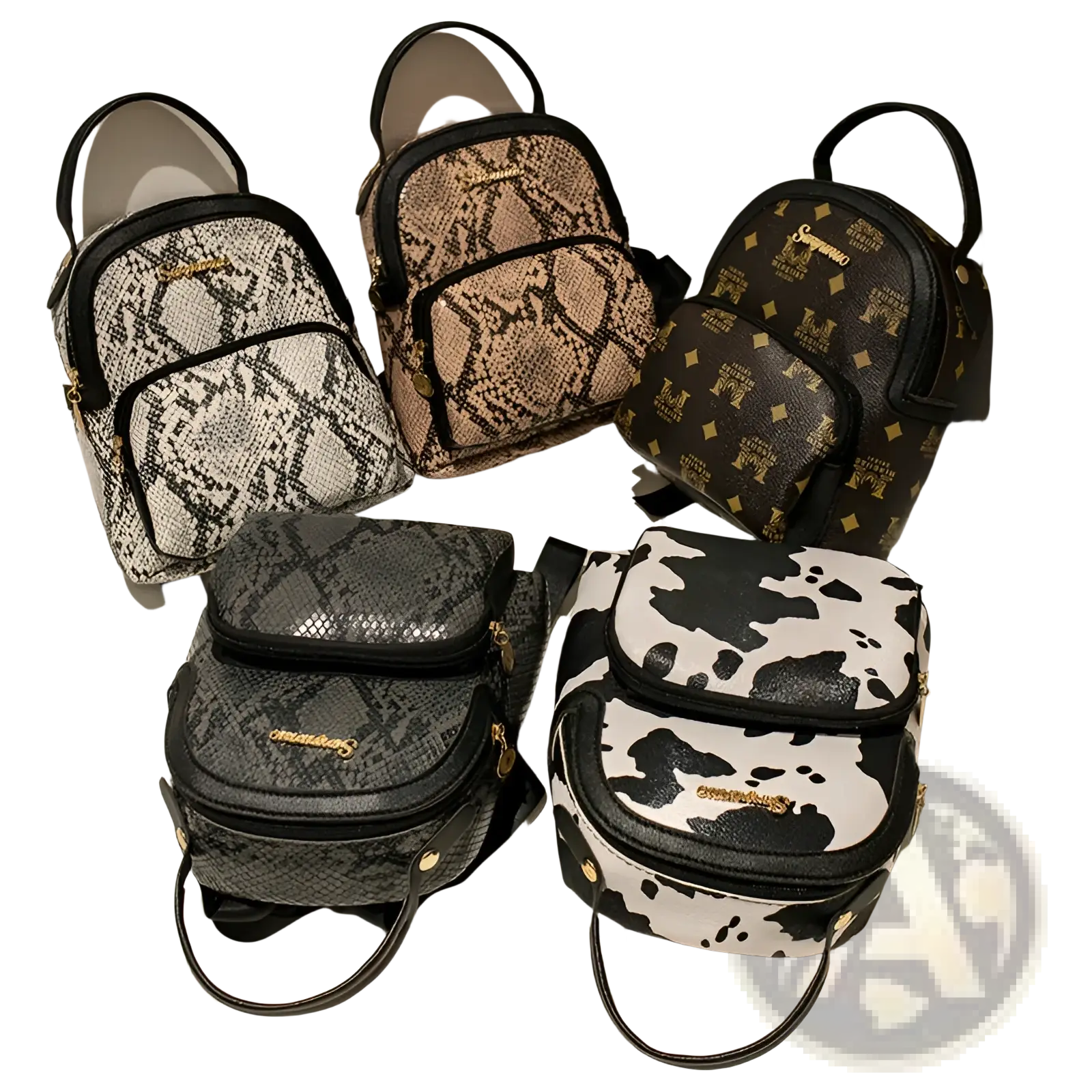 Five mini backpacks in cow and snake print patterns featuring beige, brown monogram, black and white, and gray designs with gold hardware