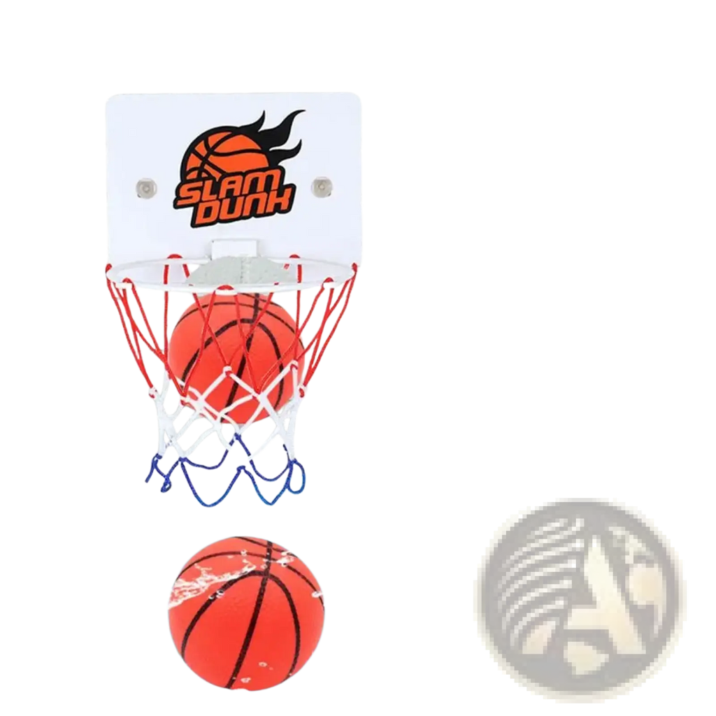 Mini basketball hoop suction cup indoor game set with orange basketball in red and white net on white plastic backboard