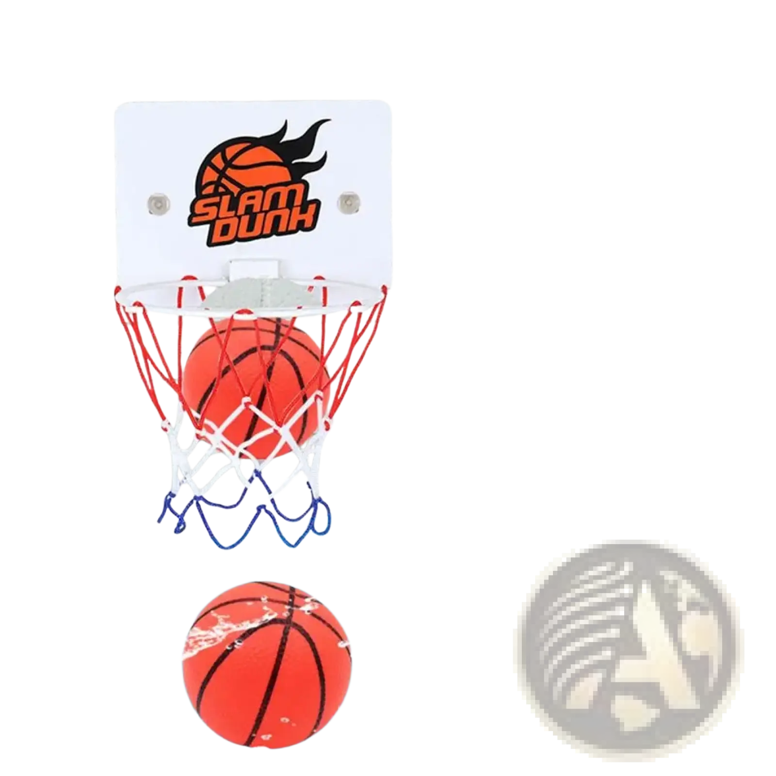 Mini basketball hoop suction cup indoor game set with orange basketball in red and white net on white plastic backboard