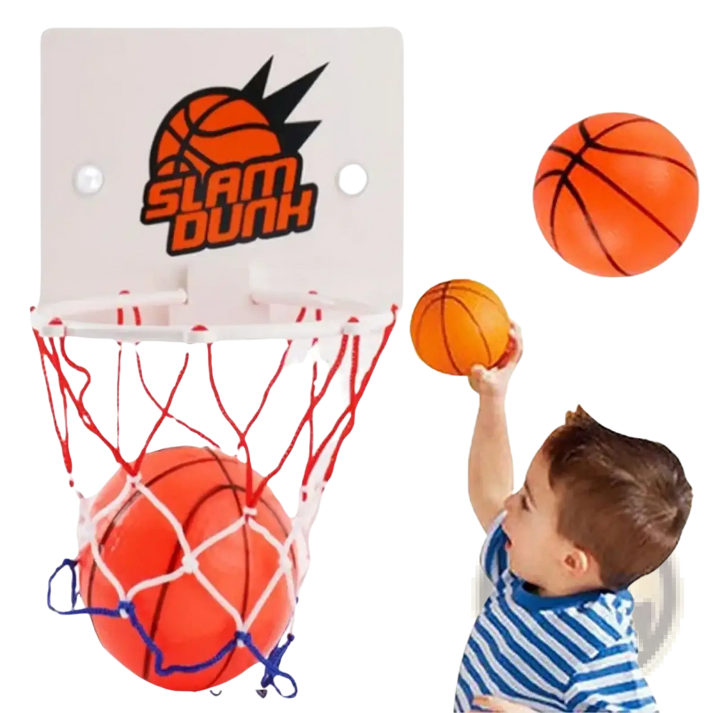 Mini basketball hoop suction cup indoor game set with orange hoop red and white net and slam dunk logo on backboard