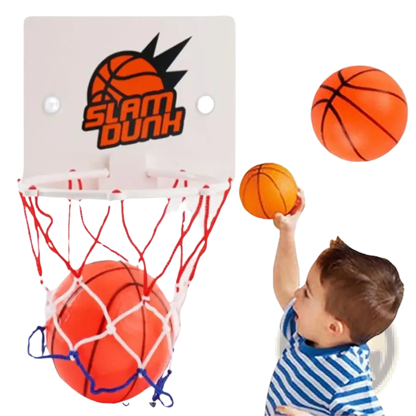 Mini basketball hoop suction cup indoor game set with orange hoop red and white net and slam dunk logo on backboard