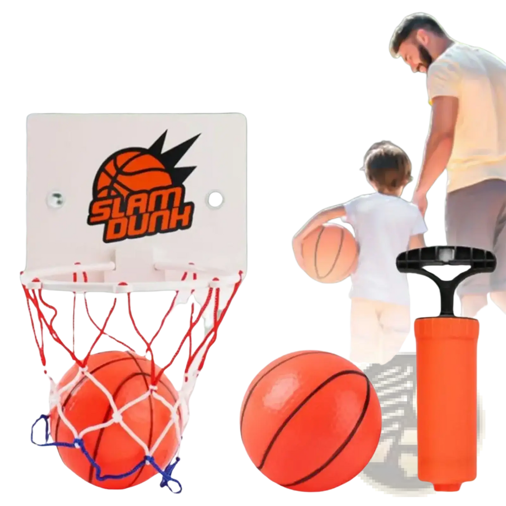 Orange mini basketball hoop with white backboard red net and slam dunk logo suction cup indoor game set