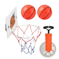 Mini basketball hoop suction cup indoor game set with white backboard, orange logo, red and blue net, two orange balls, and pump