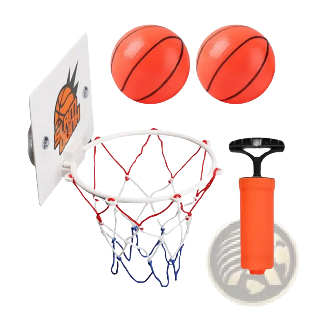 Mini basketball hoop suction cup indoor game set with white backboard orange logo red and blue netting two orange balls and pump