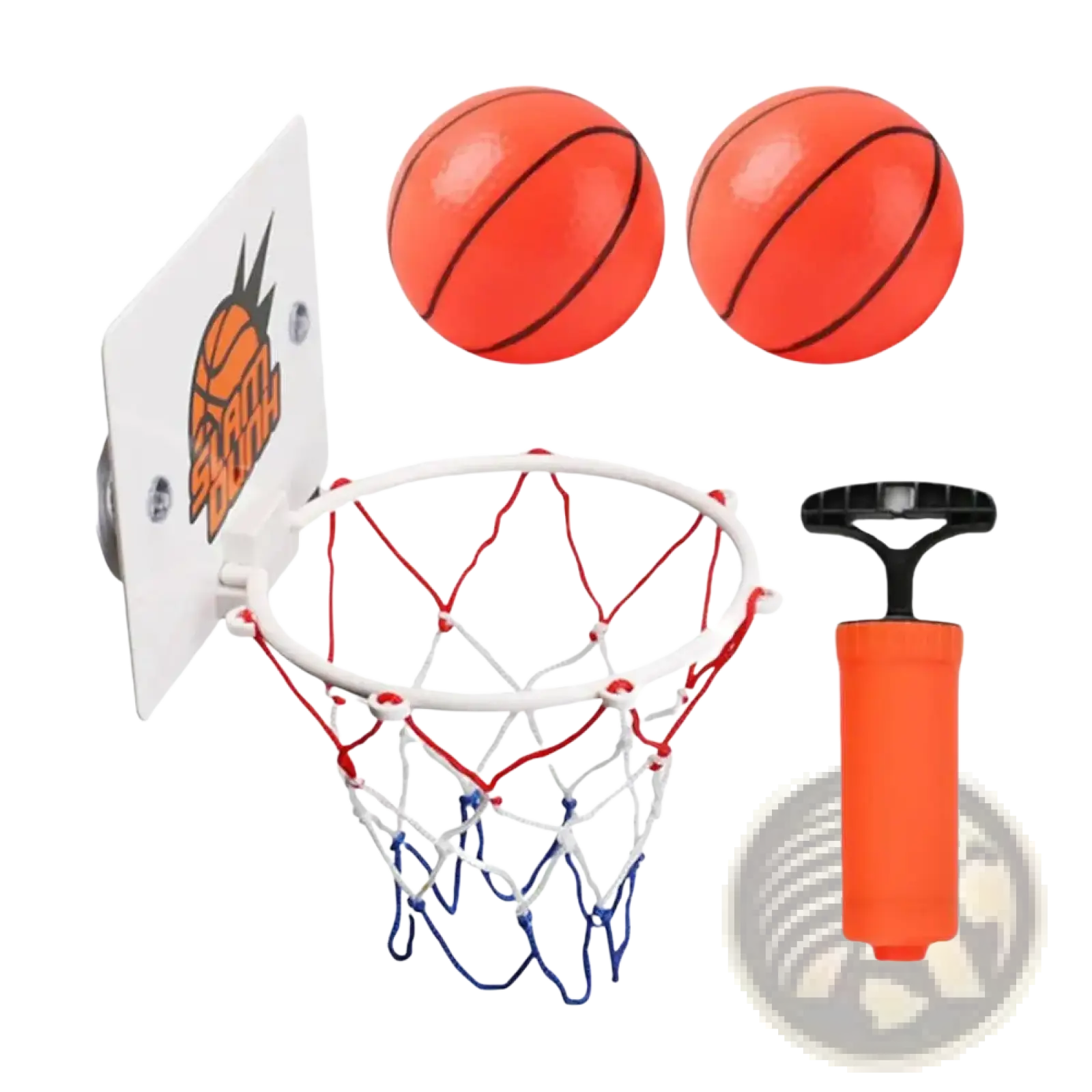 Mini basketball hoop suction cup indoor game set with white backboard orange logo red and blue netting two orange balls and pump
