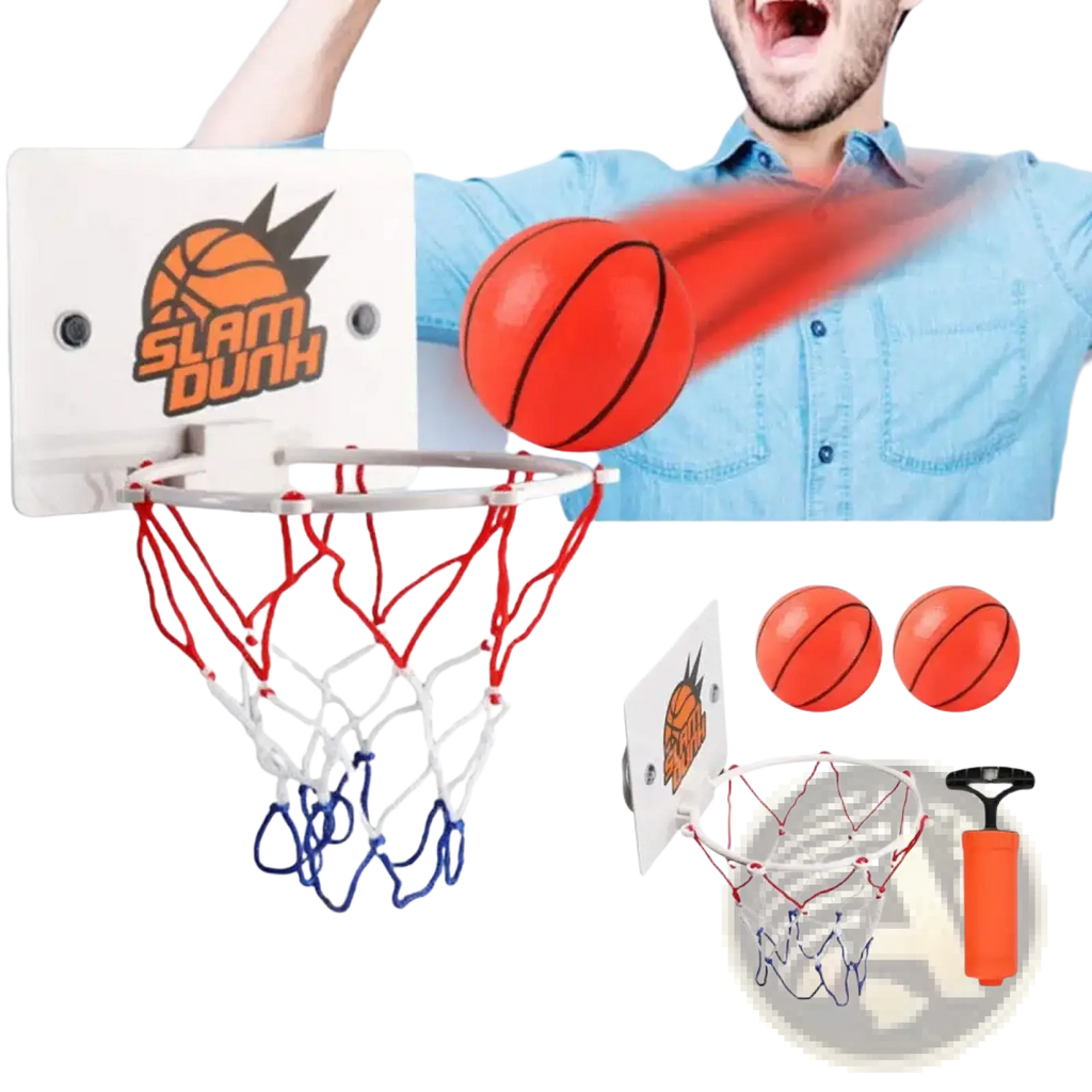 Mini basketball hoop suction cup indoor game set with white plastic hoop and red blue net featuring slam dunk logo