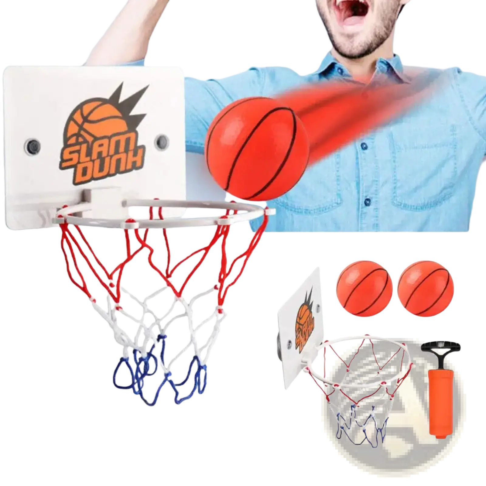 Mini basketball hoop suction cup indoor game set with white plastic hoop and red blue net featuring slam dunk logo