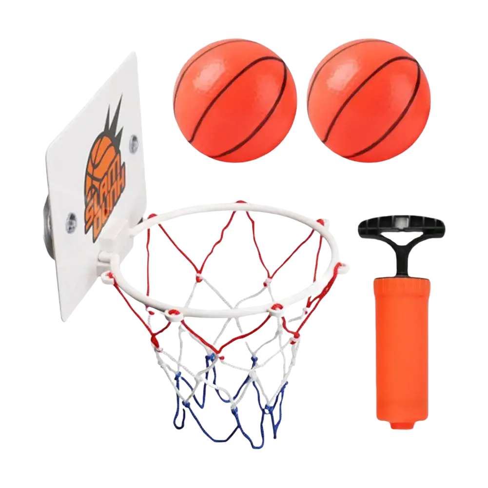 Mini basketball hoop suction cup indoor game set with white backboard, orange logo, red and blue net, two orange balls, and pump