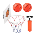 Mini basketball hoop suction cup indoor game set with white backboard, orange logo, red and blue net, two orange balls, and pump