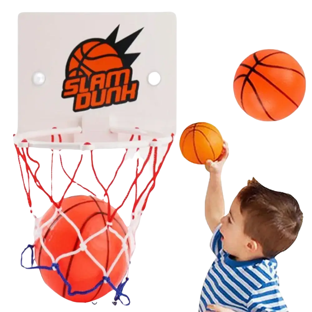 Mini basketball hoop suction cup indoor game set with orange hoop red and white net and slam dunk logo on backboard