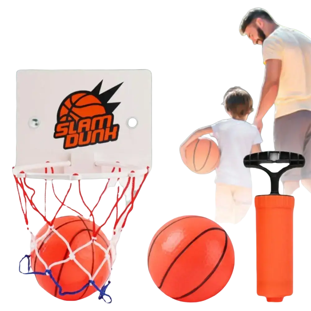Orange mini basketball hoop with white backboard red net and slam dunk logo suction cup indoor game set