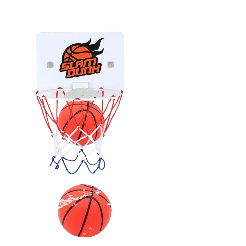 Mini basketball hoop suction cup indoor game set with orange basketball in red and white net on white plastic backboard