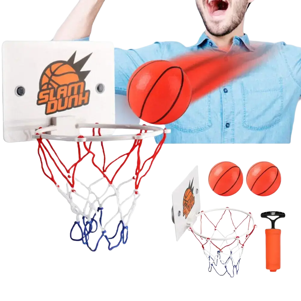Mini basketball hoop suction cup indoor game set with white plastic hoop and red blue net featuring slam dunk logo