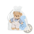 A plush teddy bear dressed in blue plaid shirt and white overalls with wooden buttons in mini bear baby shower favor set