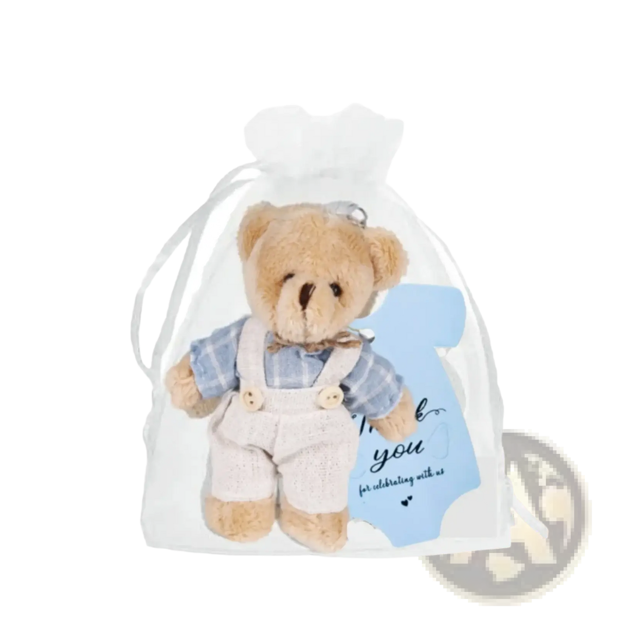 A plush teddy bear dressed in blue plaid shirt and white overalls with wooden buttons in mini bear baby shower favor set
