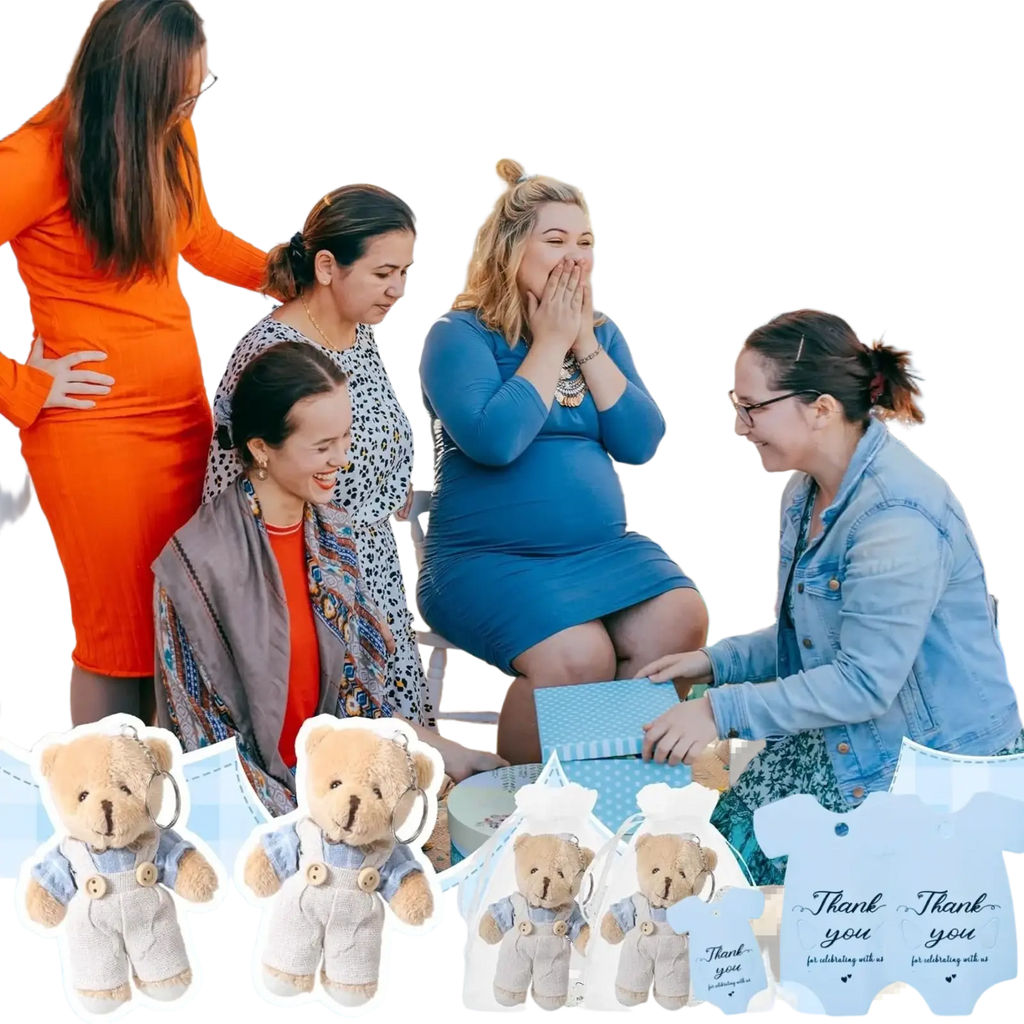 Mini bear baby shower favor set featuring blue and white patterned baby onesie gift tags with teddy bear keychains