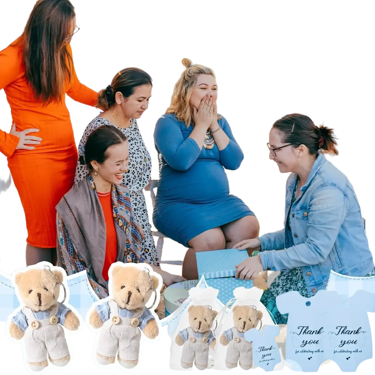 Mini bear baby shower favor set featuring blue and white patterned baby onesie gift tags with teddy bear keychains