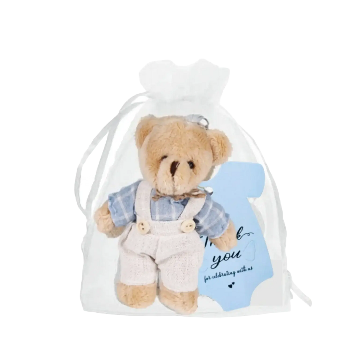 A plush tan mini bear dressed in a blue plaid shirt and white knitted overalls with wooden buttons for baby shower favors