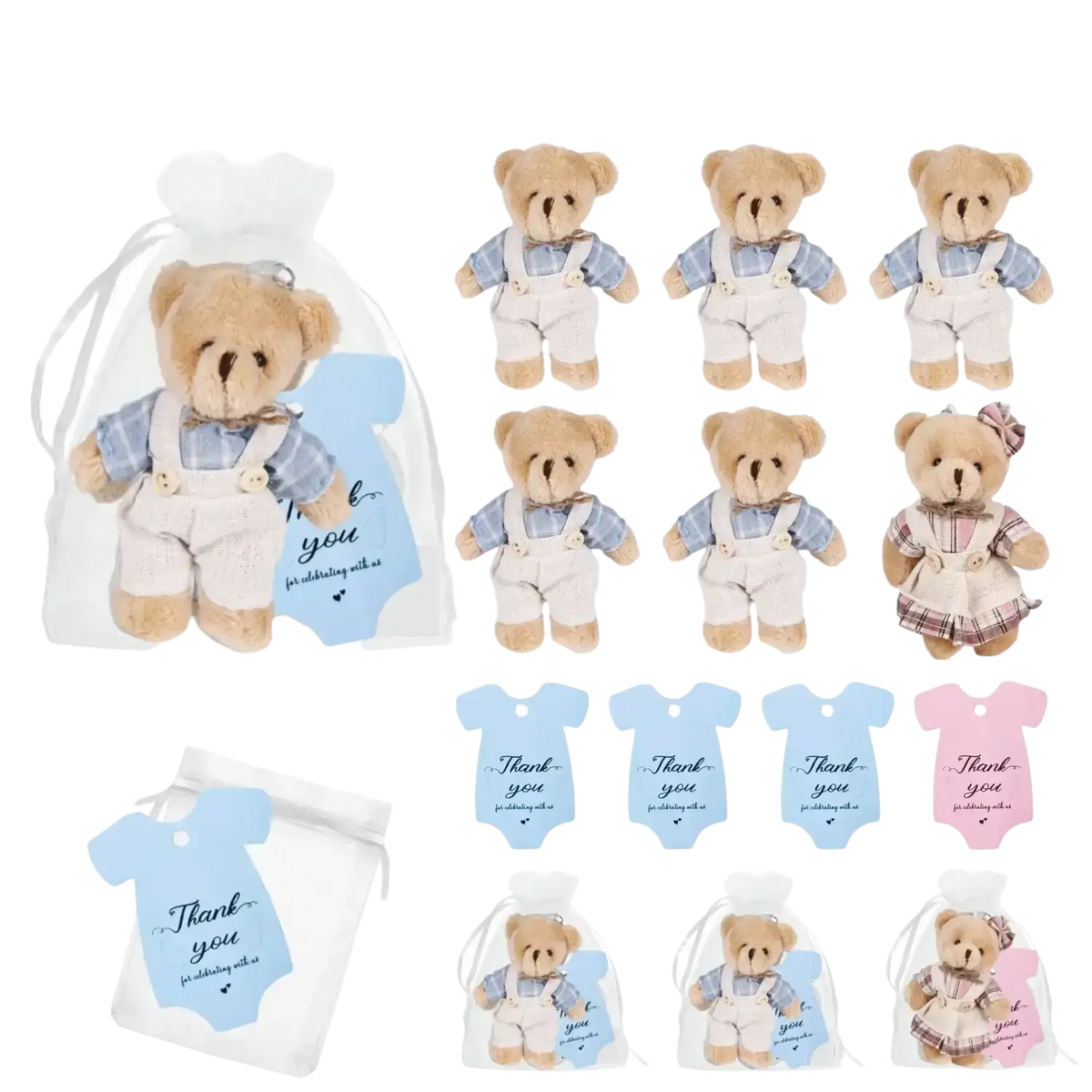 A plush tan teddy bear in blue plaid shirt and white overalls baby shower favor from mini bear shower favor set
