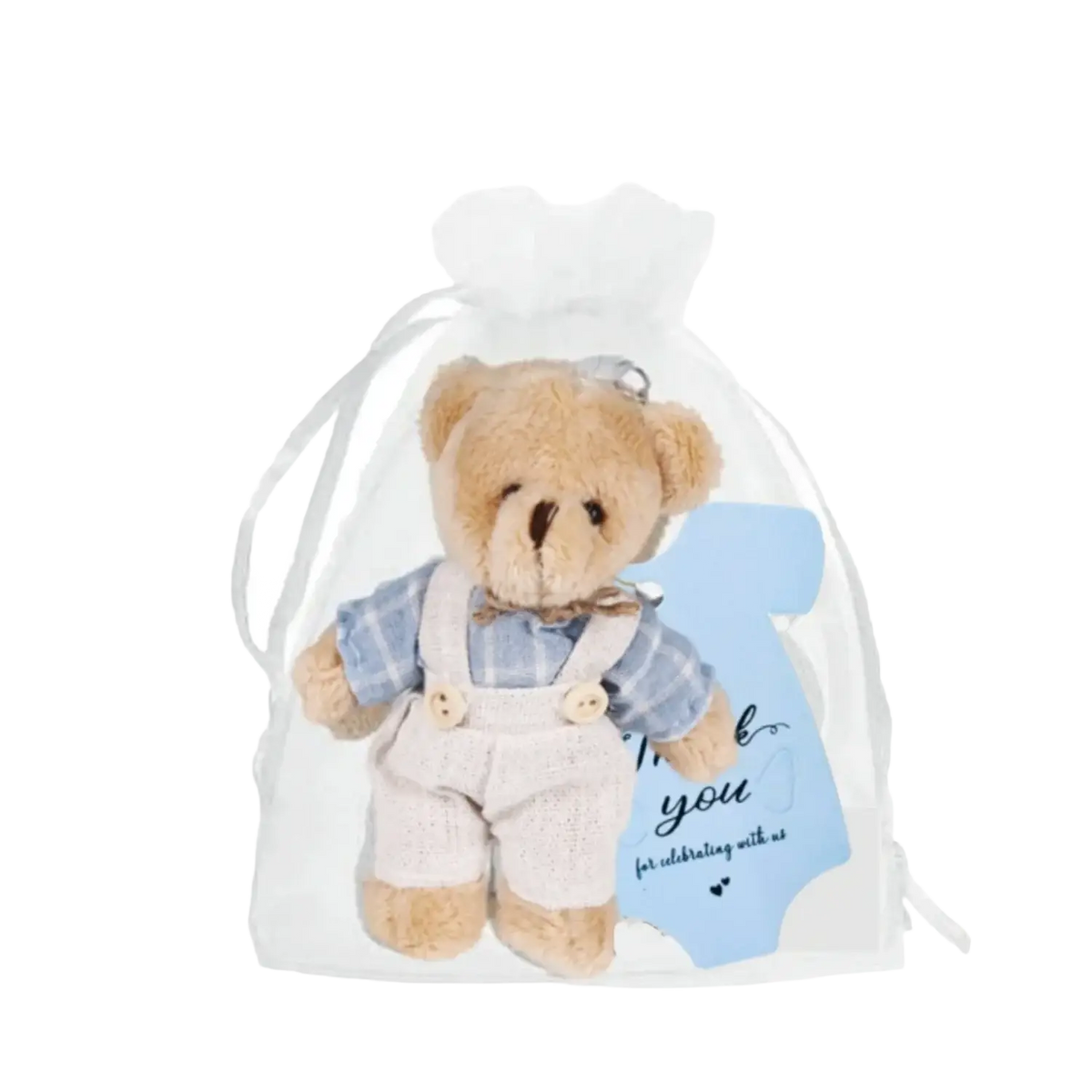 Mini bear baby shower favor set featuring a plush teddy bear in blue plaid shirt white overalls and a light blue thank you onesie