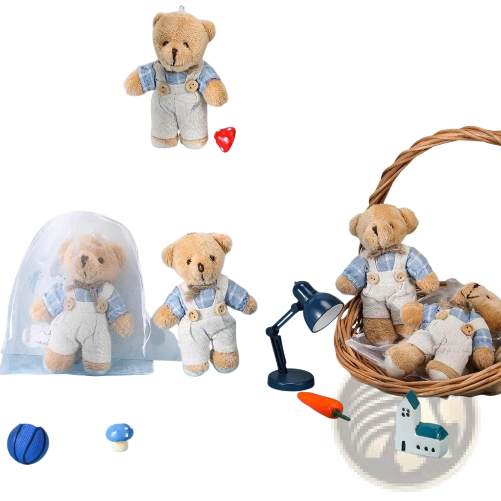 Mini bear baby shower favor set featuring a plush light brown teddy bear in blue white checkered shirt and beige knitted overalls
